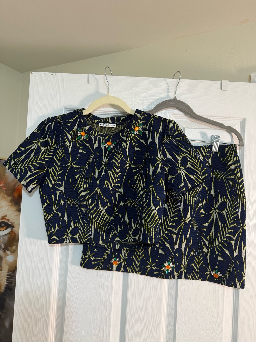 Zara Navy SMALL Top & MEDIUM Skirt Set with Olive Leaf Print